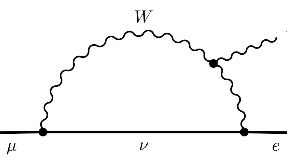 Este diagrama de Feynman representa el proceso μ → e γ mediado por un bosón W, tal y como se planteaba antes de considerar la existencia de más de un neutrino. El muón no puede directamente emitir un fotón y transformarse en un electrón, pero sí puede hacerlo a través de partículas mediadoras, como serían en este caso el W y el neutrino. Con el descubrimiento del sabor de los neutrinos quedó claro que este diagrama, por sí solo, es demasiado simple y no está realizado en la naturaleza.