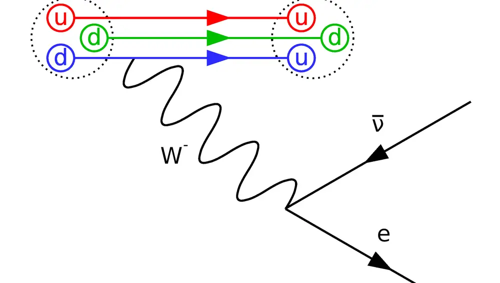 La desintegración de un neutrón, tal y como se entiende si incorporamos al bosón W. Esta partícula nos permite entender que la desintegración está ocurriendo en dos pasos: primero un cambio en el interior del neutrón, que se transforma en un protón cambiando un quark d por un quark u. Como consecuencia de este cambio se emite un bosón W, que poco después se desintegra en un electrón y un antineutrino. De esta forma, la parte leptónica y hadrónica del proceso están separadas, pero conectadas gracias al W.