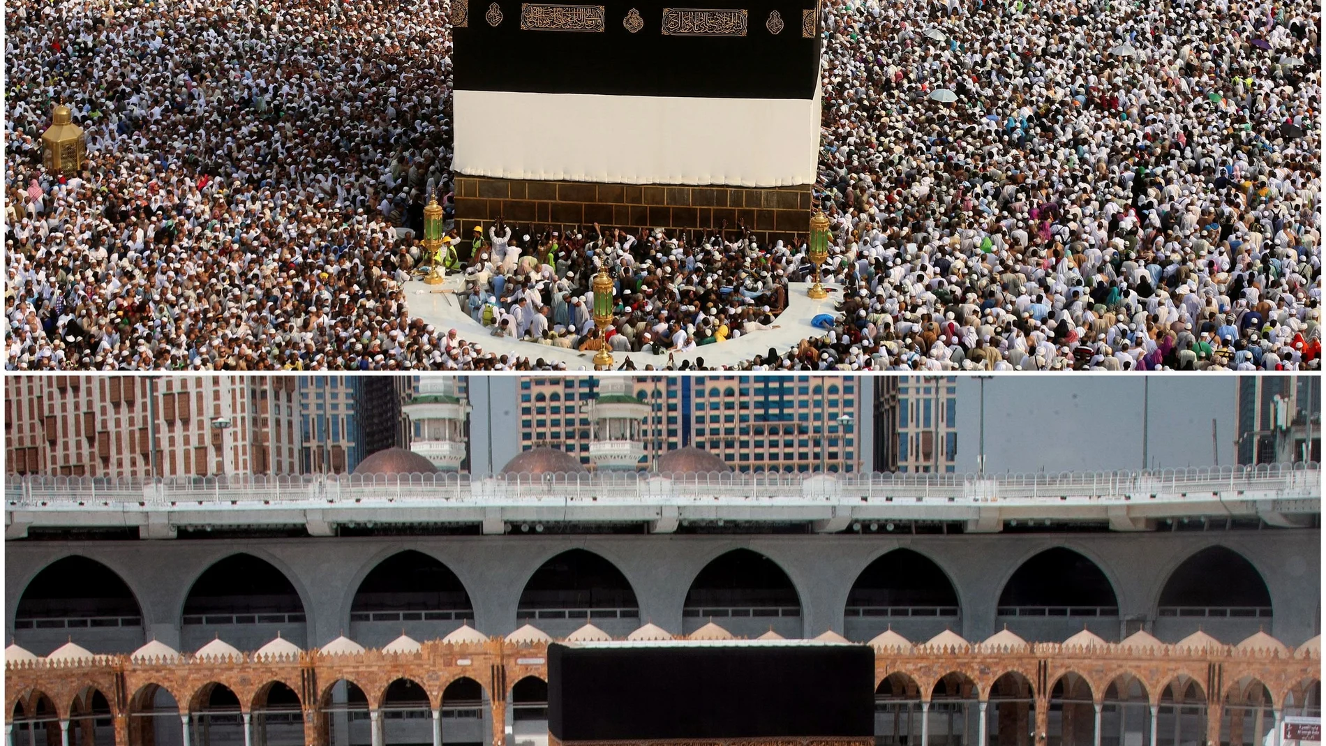 Dos imágenes de la Meca llena de peregrinos el año pasado, y semivacía este año