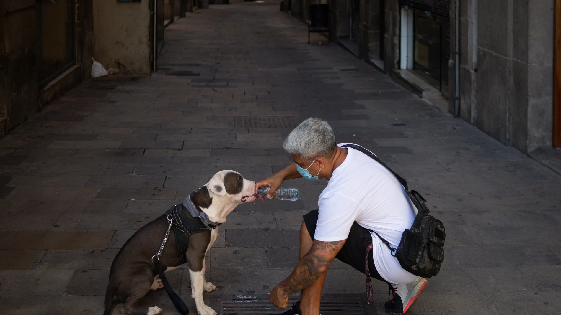 Un hombre da de beber a su perro en el centro de Barcelona el pasado martes