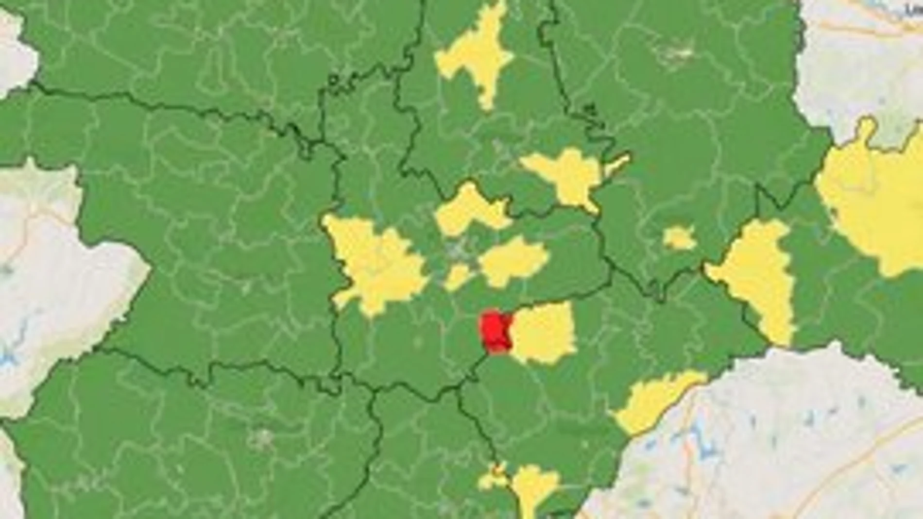 Mapa con la incidencia del coronavirus en la Comunidad, con la zona de Íscar en rojo