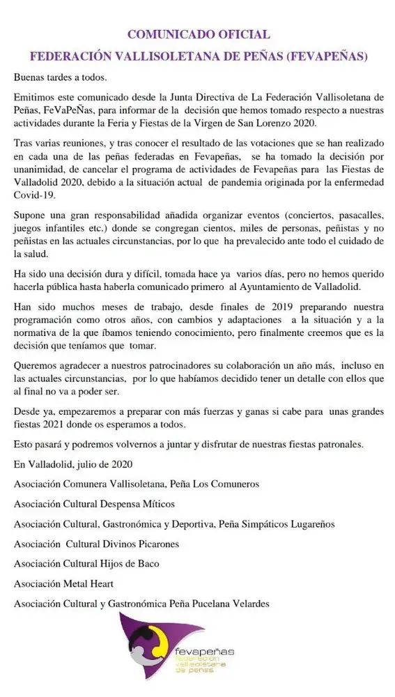Comunicado de la Federación de Peñas de Valladolid suspendiendo toda actividad en las fiestas de este año por la pandemia