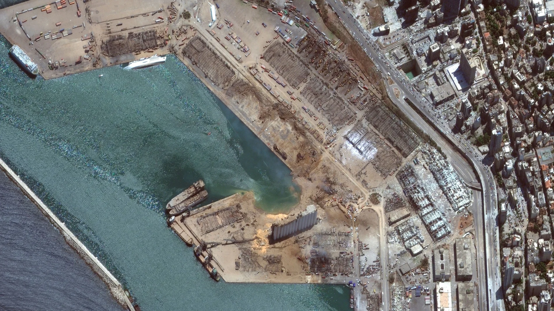 A satellite image shows the port of Beirut after an explosion