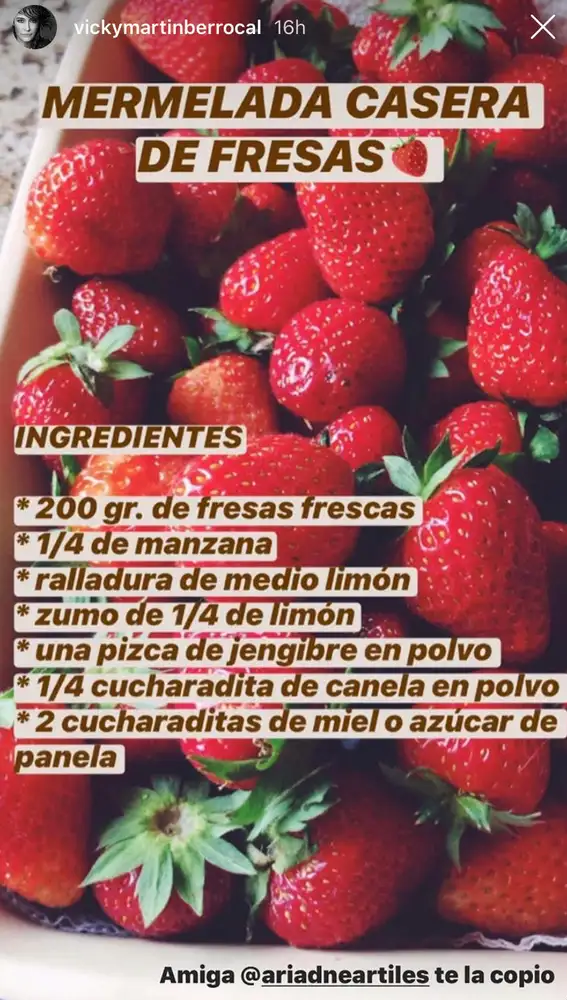 Vicky Martín Berrocal comparte la receta de mermelada de fresas de Ariadne Artiles.