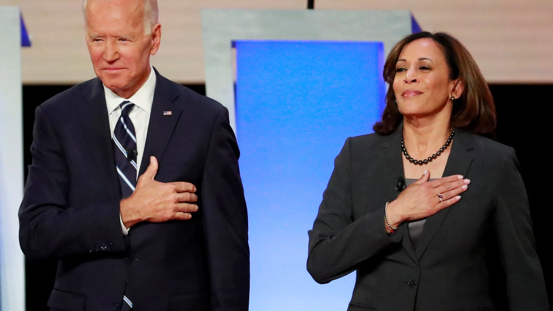 FILE PHOTO: Former Vice President Biden and Senator Harris take the stage in Detroit
