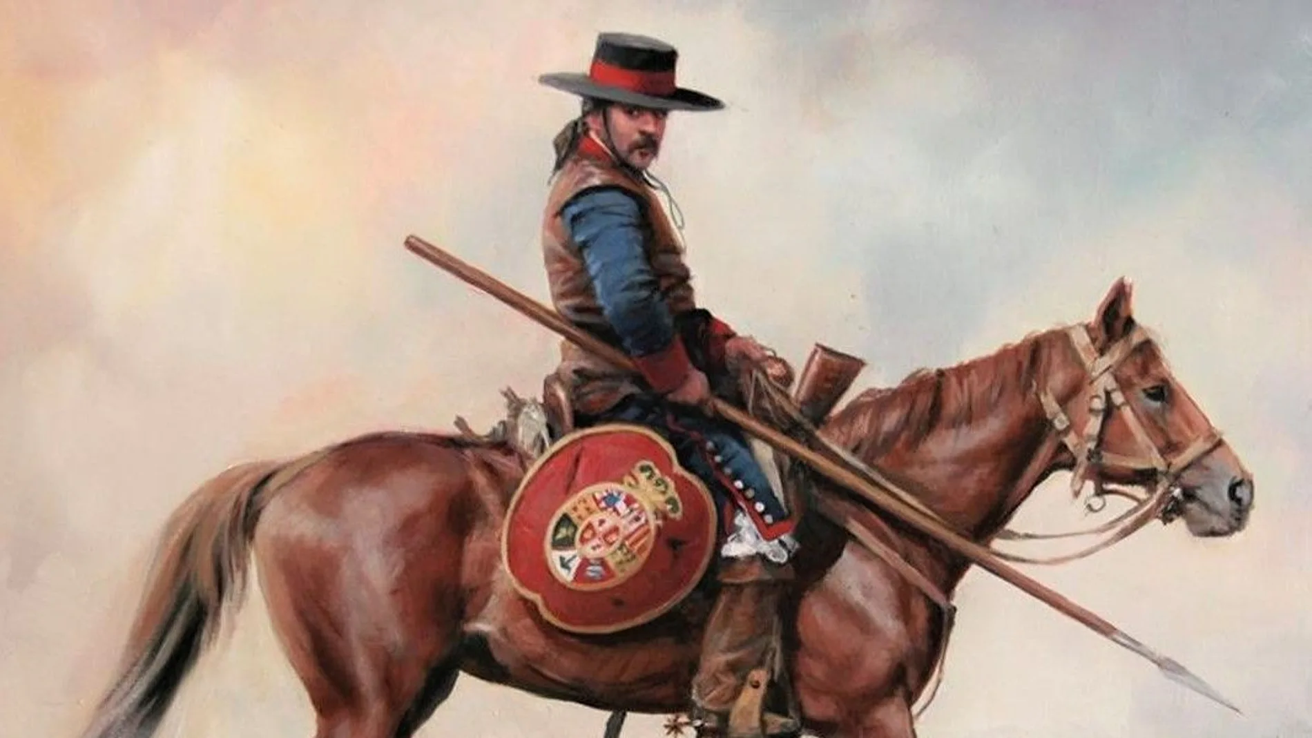 Un Dragón de Cuera cabalga ataviado con la indumentaria típica de estas tropas defensivas en una pintura de Augusto Ferrer-Dalmau
