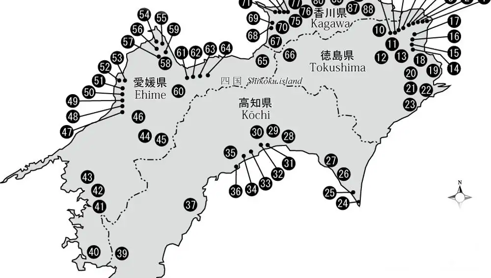 Mapa con la ruta de los 88 templos de Shikoku.