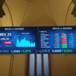 Pantalla que muestra la evolución del Ibex 35 al cierre de hoy