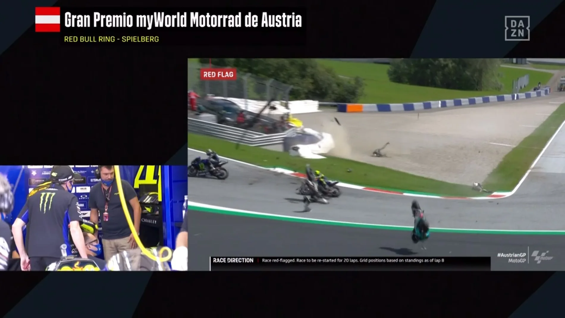 Se cae Zarco y Morbidelli y sus motos salen volando y casi golpean a Rossi y Viñales