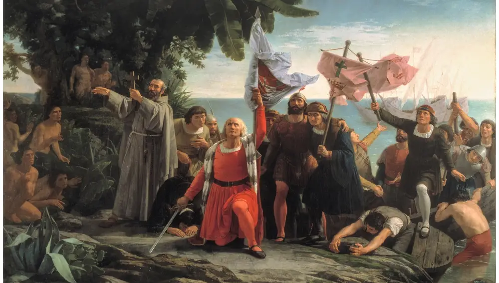 Este cuadro de Dióscoro Teófilo Puebla, que conserva el Prado, representa la llegada de Colón a América. Los españoles llevaron el catolicismo a América pero también los colegios