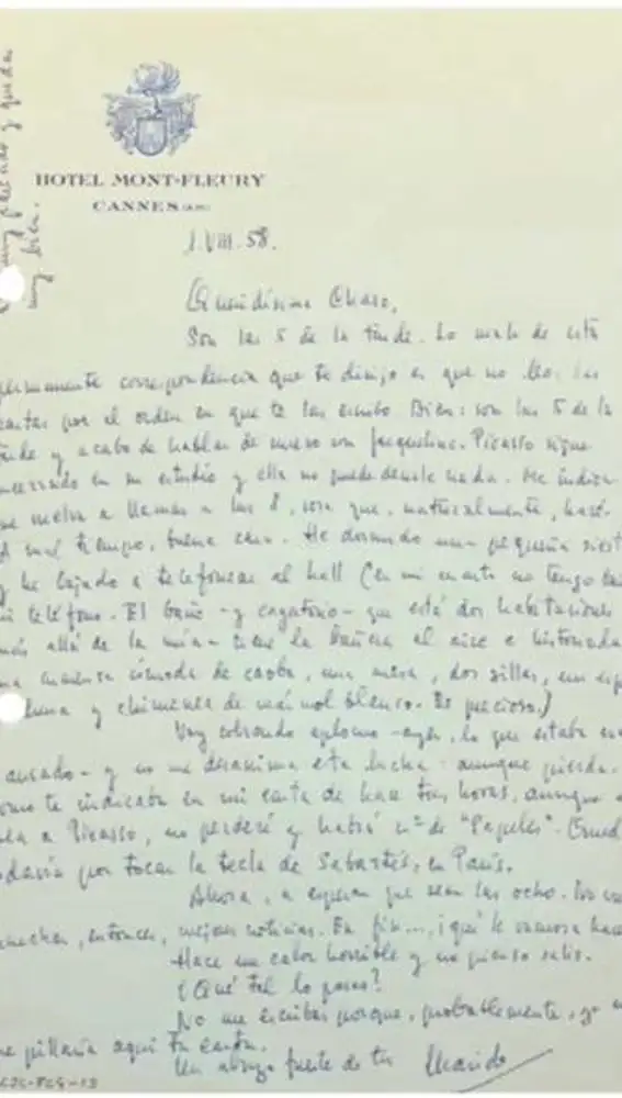 Hôtel Mont-Fleury, Cannes. Carta desesperada, manuscrita de CJC a su mujer Charo Conde