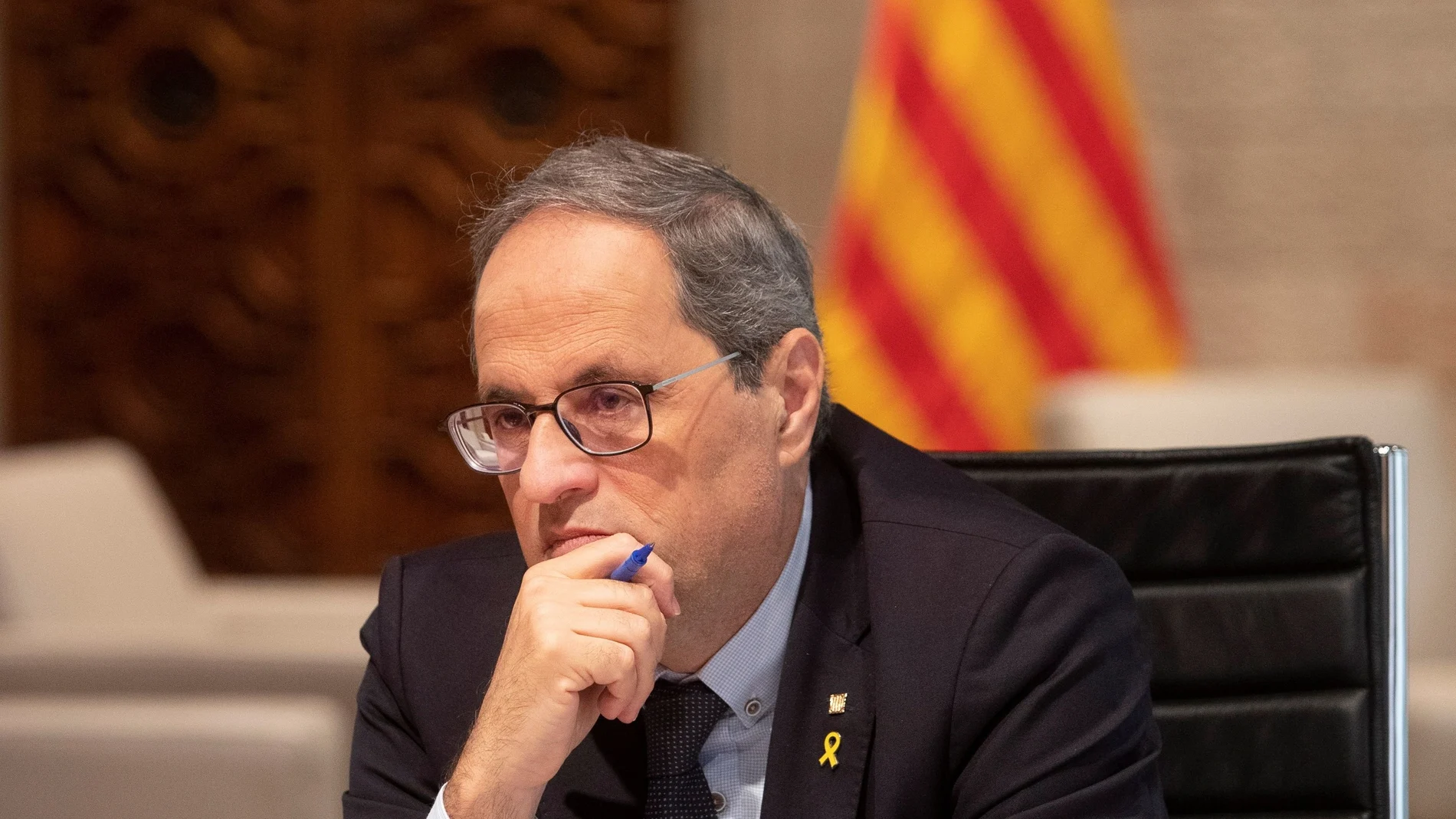 El presidente de la Generalitat, Quim Torra, al inicio de la reunión telemática del Comité Ejecutiva de Crisis por la COVID-19 .EFE/ Marta Pérez