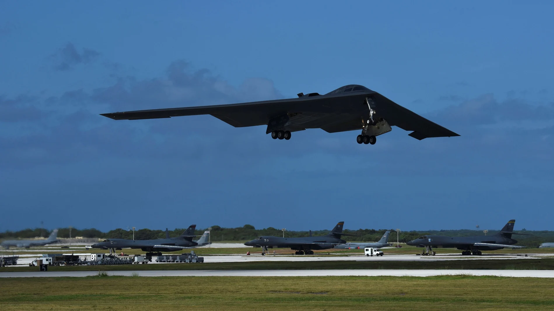 A U.S. Air Force B-2 Spirit bomber takes off from Andersen Air Force Base, Guam