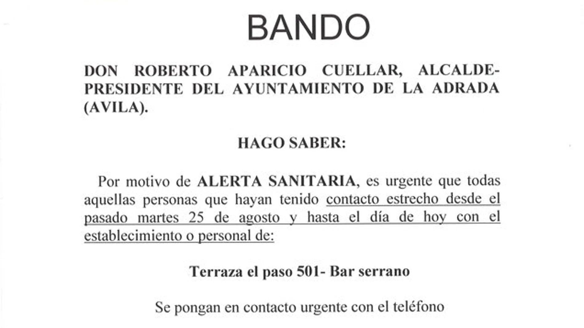 Bando emitido por el alcalde de La Adrada