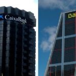 Imagen de archivo de las sedes centrales de Caixabank en Barcelona y de Bankia en Madrid