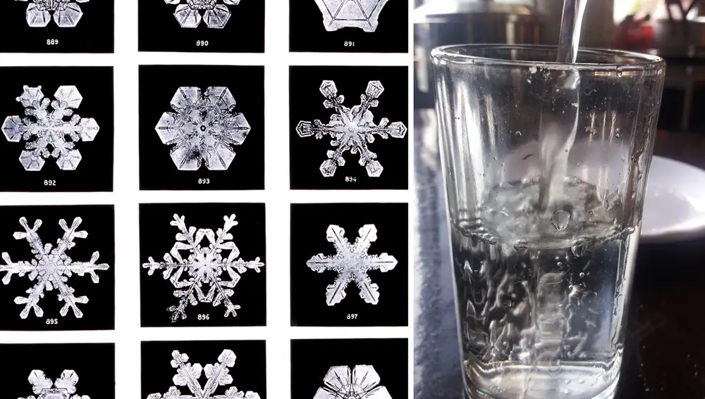 Mientras que en el agua cualquier molécula puede ocupar cualquier posición dentro del líquido, en el hielo deben ordenarse formando cristales. En el hielo tipo I, los hexágonos de su estructura hacen formar esa simetría en los copos de nieve.