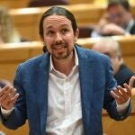 El vicepresidente segundo del Gobierno y líder de Unidas Podemos, Pablo Iglesias, interviene durante una sesión de control en el Senado.