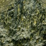 Mena de oro extraída en Sudáfrica. Las vetas de oro están rodeadas de uraninita.