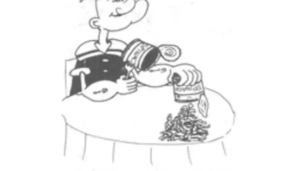 Caricatura de Popeye ilustrando el artículo de 1981 &quot;Fake!&quot; del British Medical Journal con el subtítulo: &quot;Le habría valido más comerse la lata&quot;