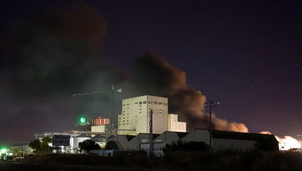 ZAMORA, 07/09/2020.- Columna de humo provocada por el incendio declarado anoche y que ha movilizado numerosos medios de extinción ha quemado hasta el momento tres naves de las instalaciones centrales de Cobadú, la mayor cooperativa zamorana, ubicada entre las localidades de Villaralbo y Moraleja del Vino.EFE/Mariam A. Montesinos