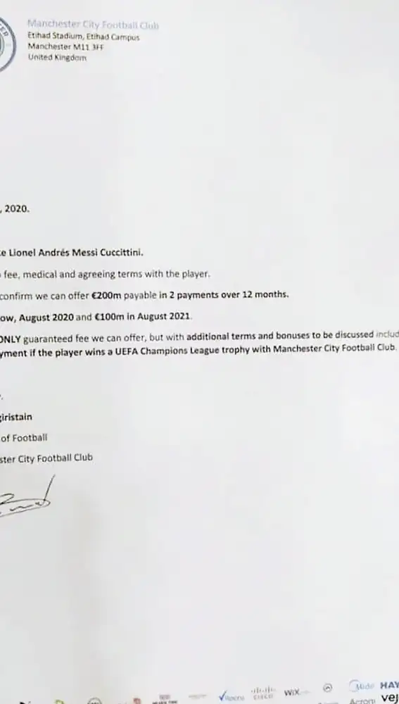Documento con la oferta del Manchester City al Barcelona por Leo Messi, publicado por 'L'Illustré'.