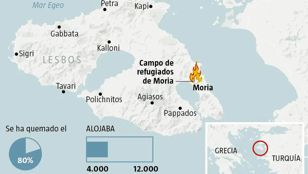Localizador incendio campo de refugiados Moria en la isla de Lesbos (Grecia)