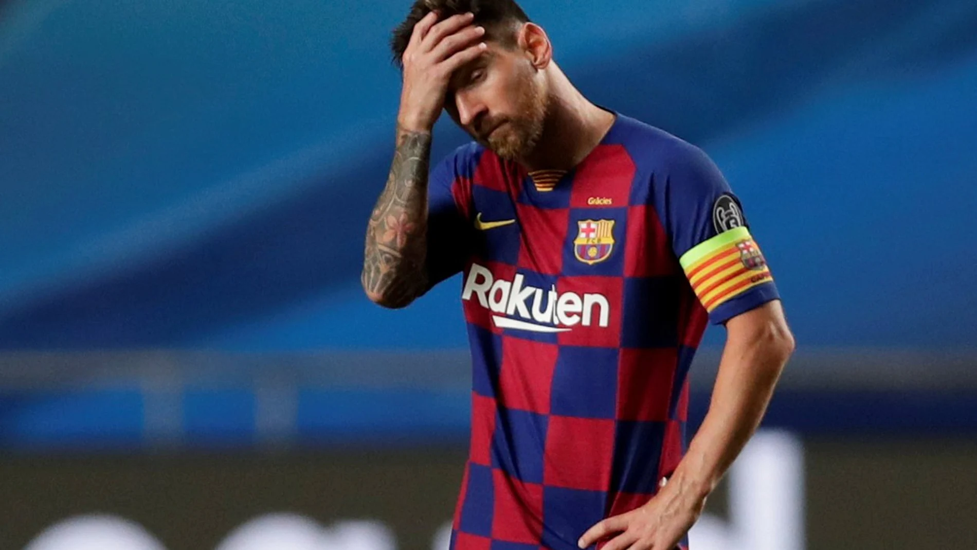 FILE PHOTO: Barcelona's Lionel Messi looks dejected during Champions League quarter-final v Bayern Munich