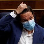 GRAF1804. MADRID, 09/09/2020.- El vicepresidente del Gobierno, Pablo Iglesias durante la sesión de control al Gobierno en el Congreso este miércoles en donde se reclamará una vez más a la oposición unidad para abordar la crisis de la pandemia, en medio de las últimas polémicas políticas centradas en la renovación del Poder Judicial y las revelaciones del caso del espionaje al extesorero del PP Luis Bárcenas. EFE/J.J. Guillén