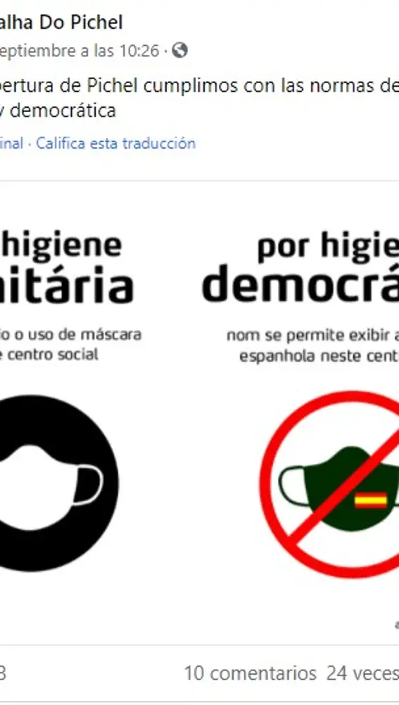 Un centro social sugiere no llevar mascarilla con la bandera de España