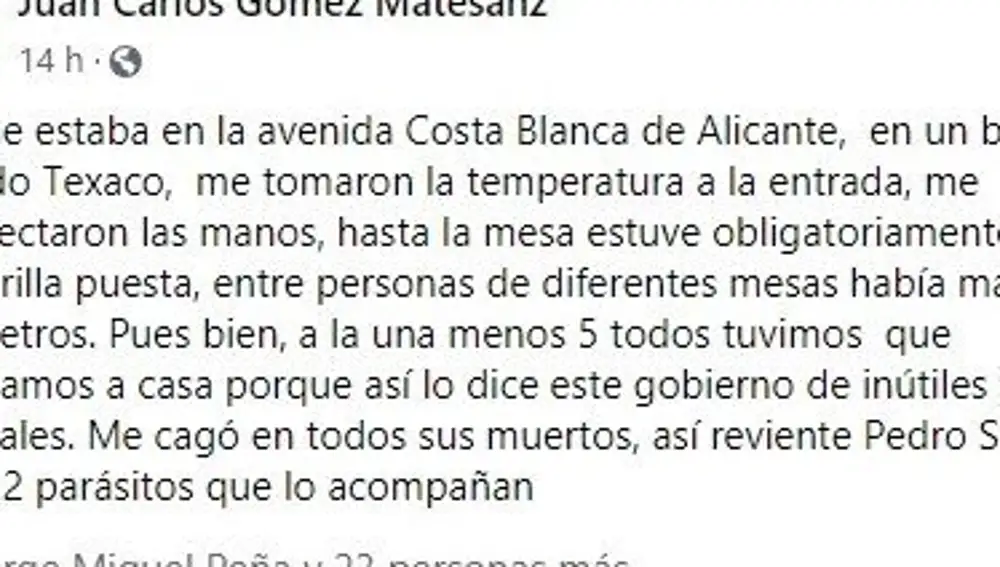 Pantallazo del comentario que el edil del PP, Juan Carlos Gómez Matesanzhizo sobre Sánchez que ya ha borrado de su perfil de facebook