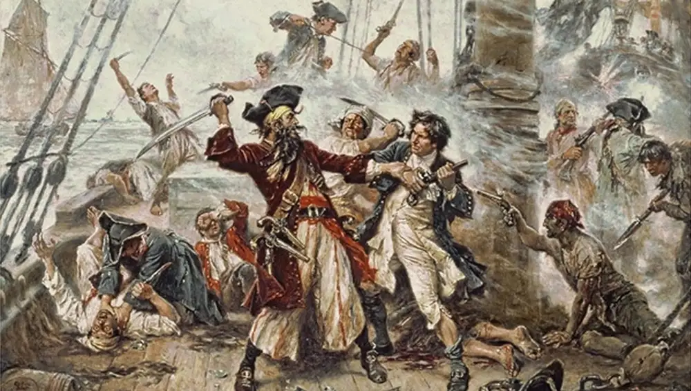 La captura del pirata Barbanegra, 1718 (pintado en 1920 por Jean Leon Gerome Ferris). Las tropelías piratas contra los ingleses no ocurrieron hasta después de ser expulsadas del Caribe español, cuando se trasladaron a norteamérica.