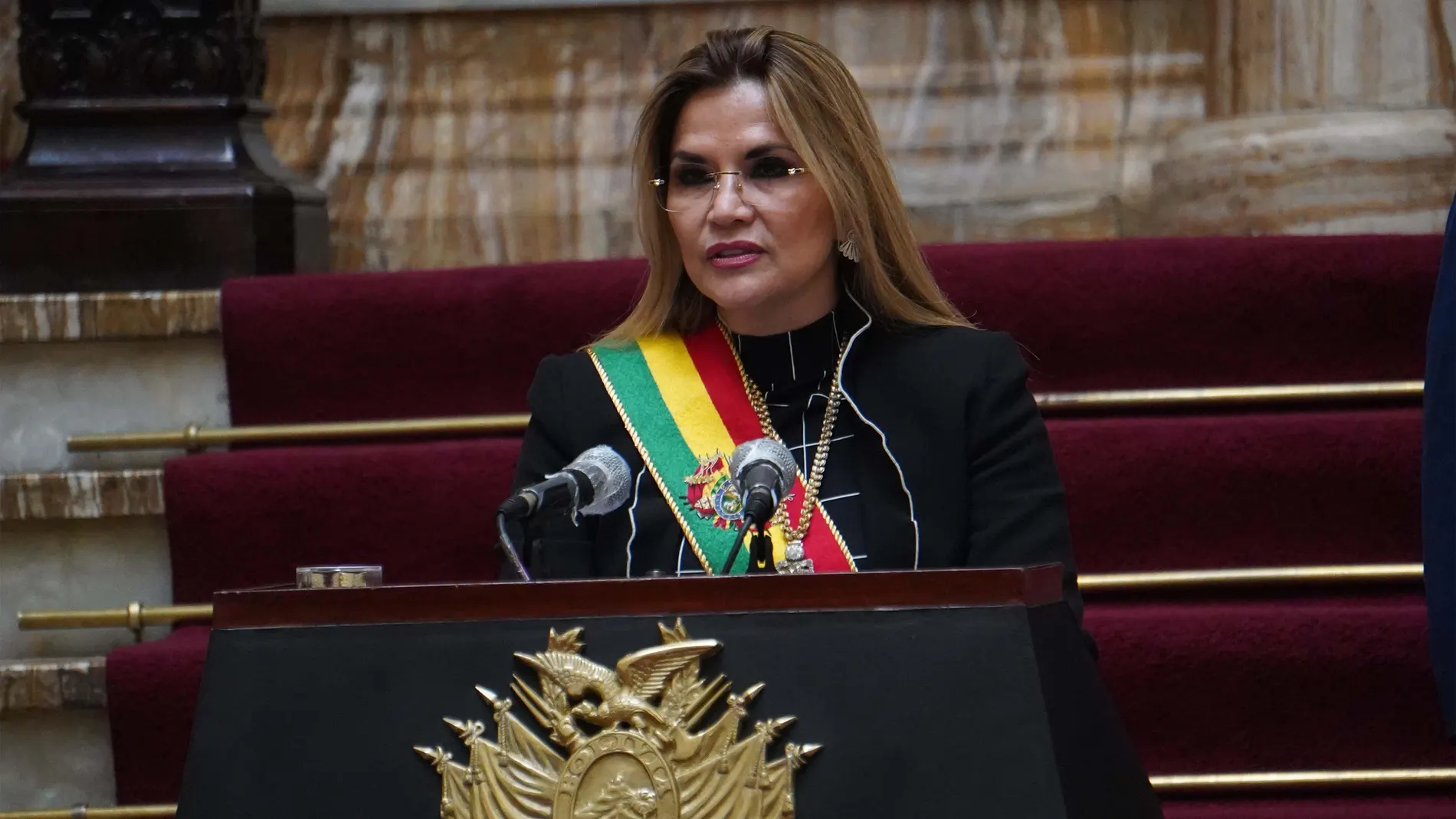 La ex presidenta interina de Bolivia, Jeanine Áñez, durante un discurso desde el palacio de Gobierno en La Paz.