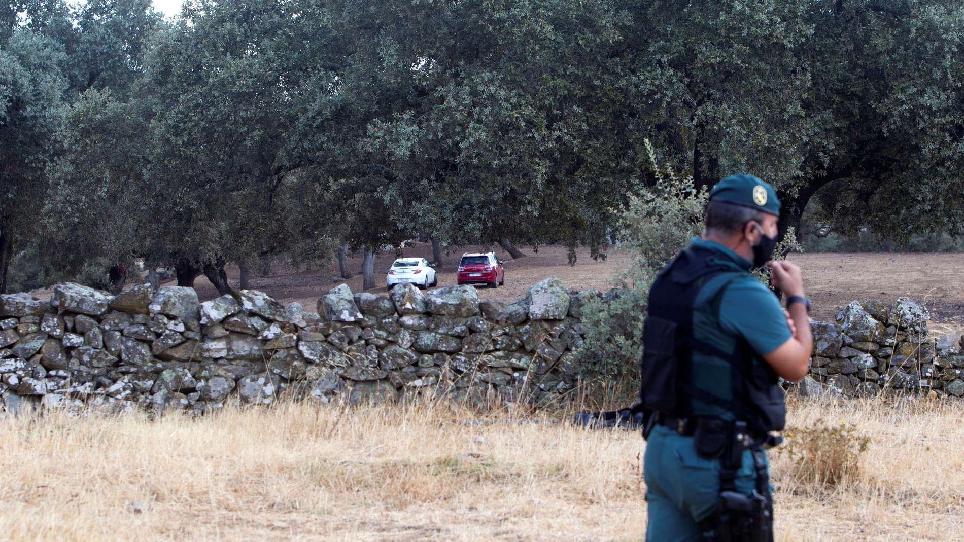 Efectivos de la Guardia Civil y el detenido como presunto autor confeso de la muerte de Manuela Chavero se encuentran en esta finca de la propiedad de este último, en el término municipal de Monesterio, donde presuntamente se deshizo del cadáver de la mujer. EFE/Jero Morales