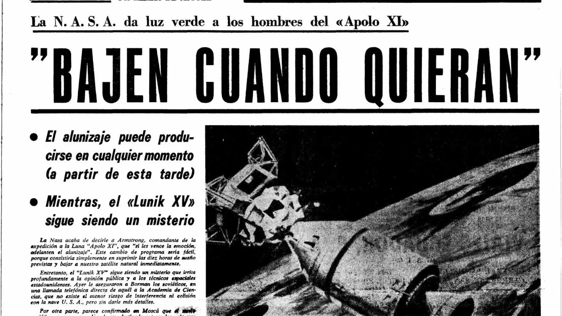 Portada del periódico 'Madrid', anunciando lo avances de la misión Apolo 11