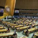 Imagen de la Asamblea General de Naciones Unidas que ayer celebró el 75º aniversario de su fundación y hoy arranca con las sesiones telemáticas