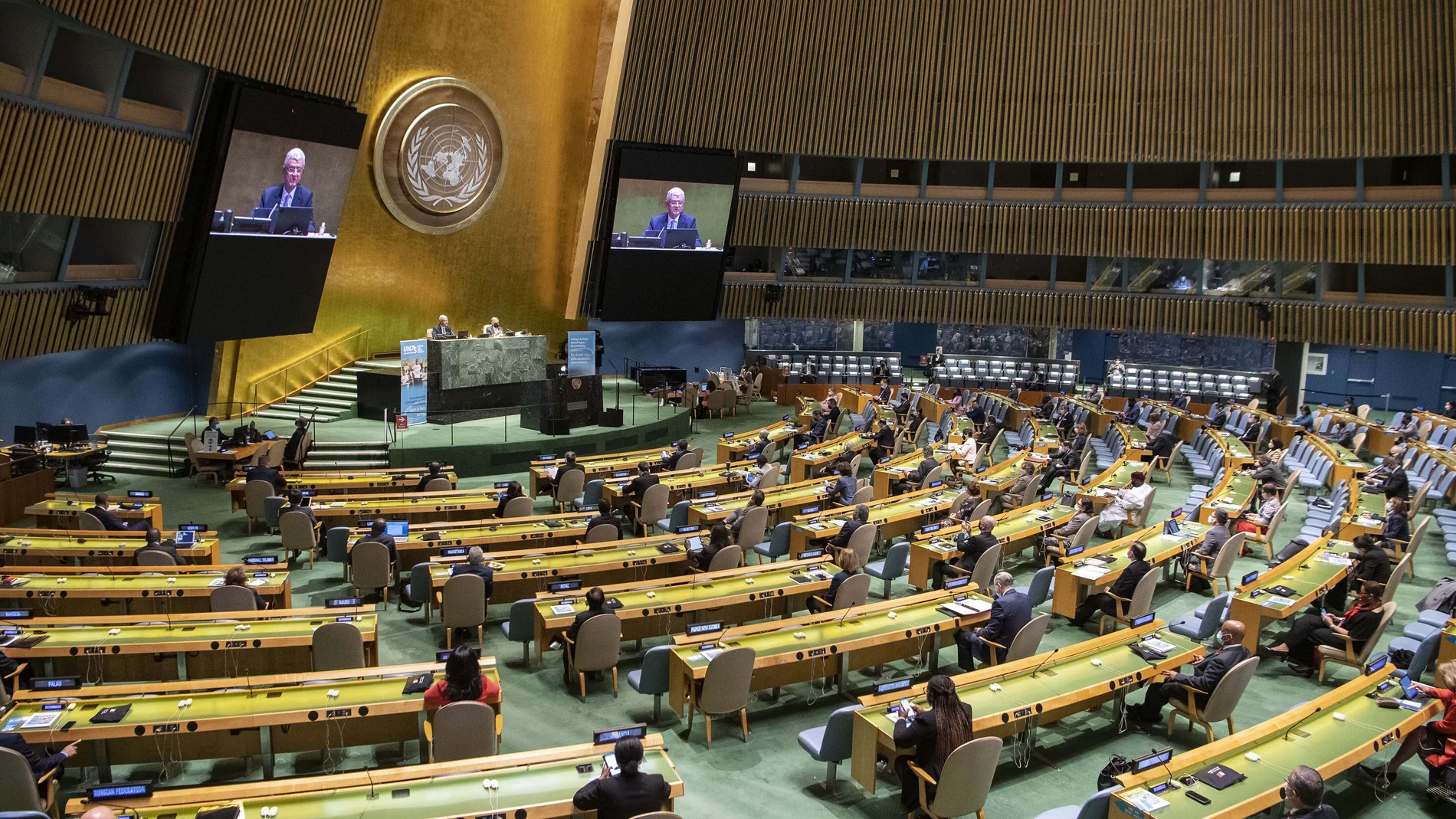 Imagen de la Asamblea General de Naciones Unidas que ayer celebró el 75º aniversario de su fundación y hoy arranca con las sesiones telemáticas
