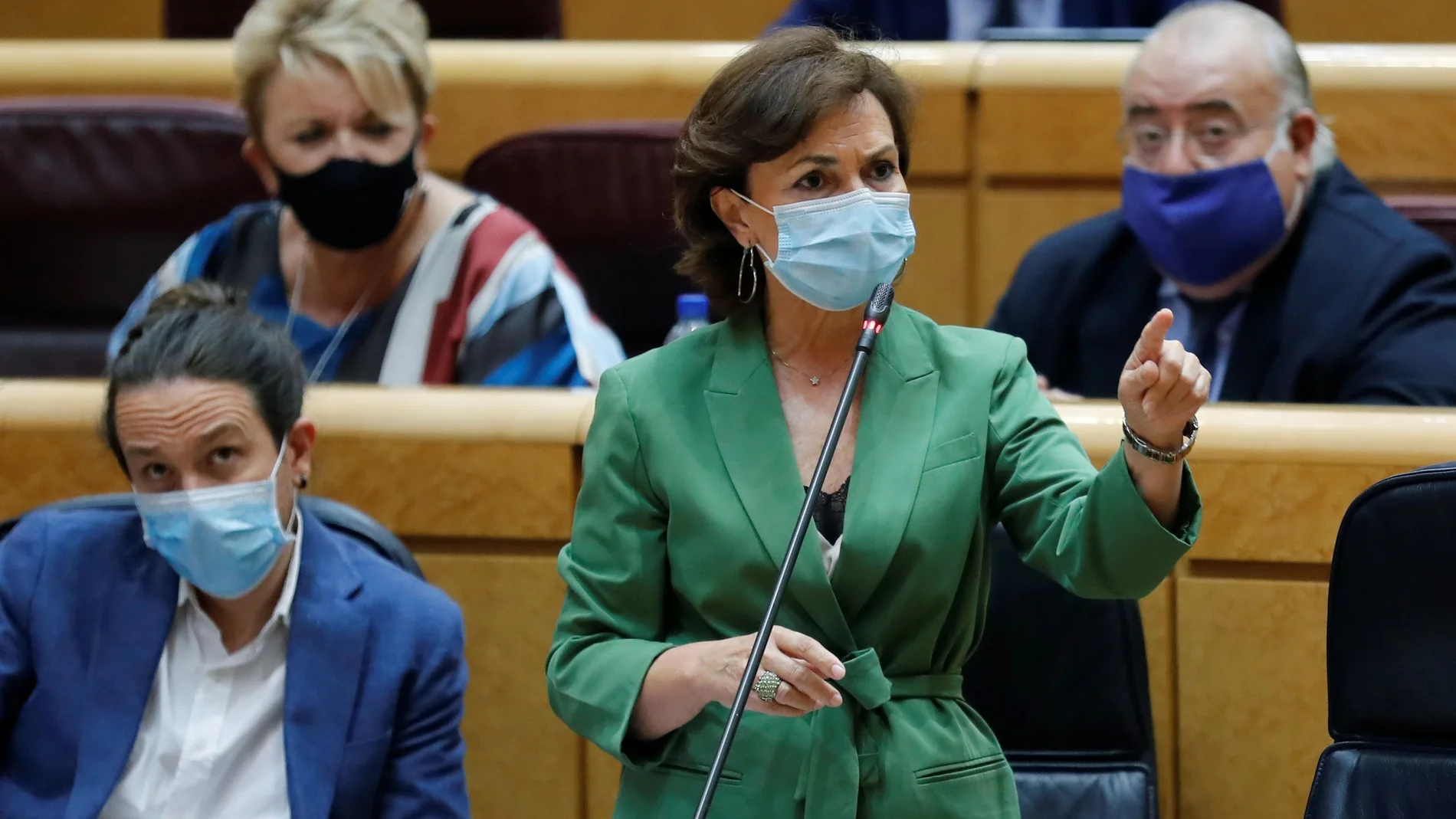 La vicepresidenta primera, Carmen Calvo interviene en la sesión de control al Gobierno, esta tarde en el pleno del Senado, en Madrid. EFE/ Chema Moya