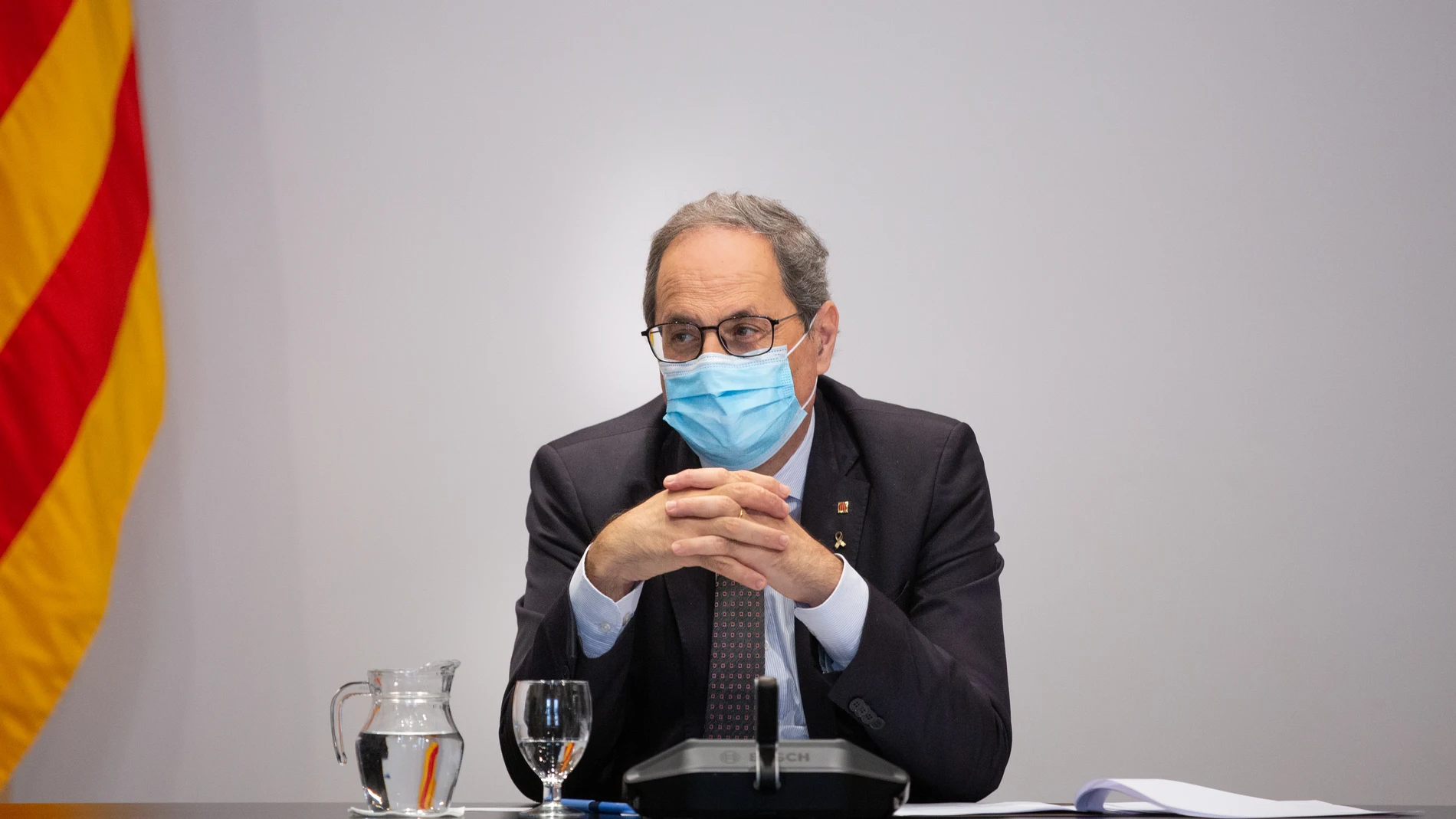 El president de la Generalitat, Quim Torra, preside una reunión en la que se tratan las bajas laborales de los padres con hijos en cuarentena por Covid-19, en Barcelona, Cataluña (España) a 22 de septiembre de 2020.22 SEPTIEMBRE 2020 CORONAVIRUS;PANDEMIADavid Zorrakino / Europa Press22/09/2020