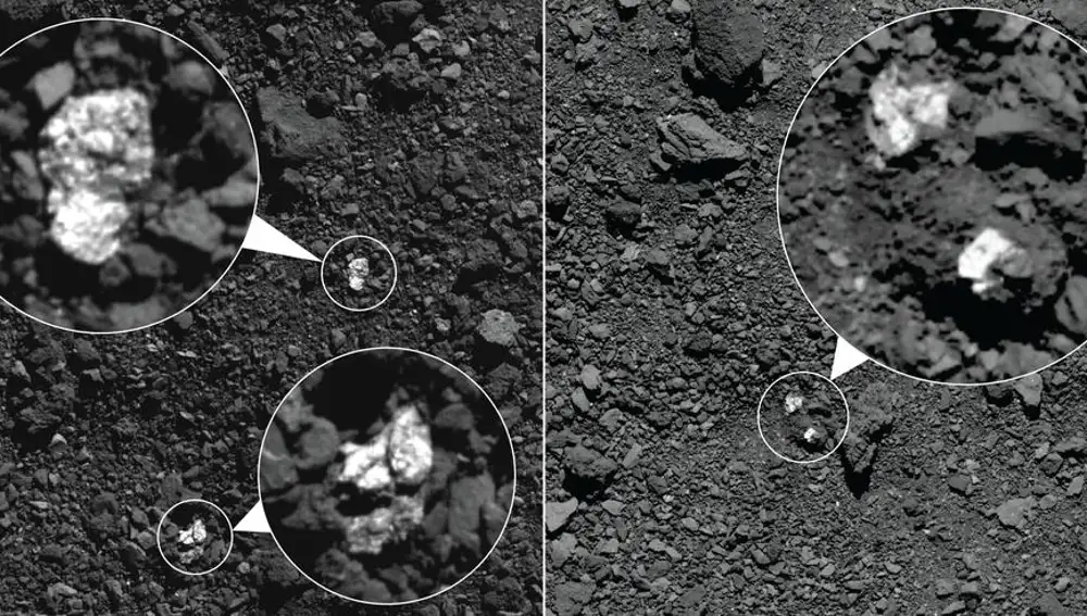 Rocas blanquecinas sobre la superficie oscura del asteroide Bennu.