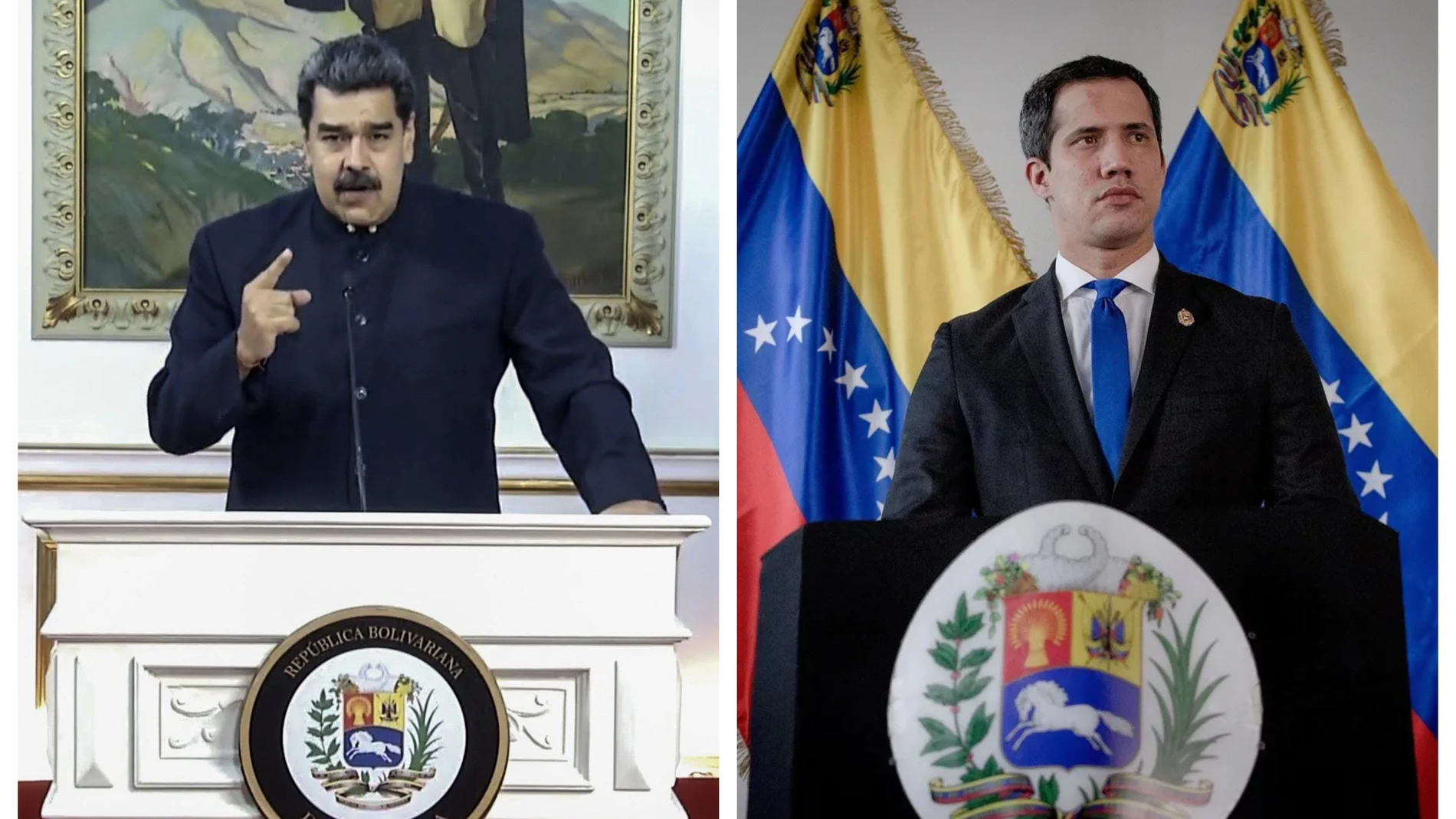 Nicolás Maduro y Juan Guaidó, durante sus discursos