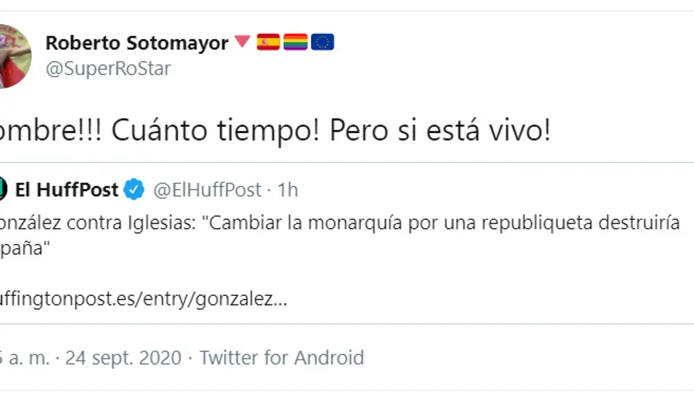 Tuit de Roberto Sotomayor en que ironiza sobre Felipe González.