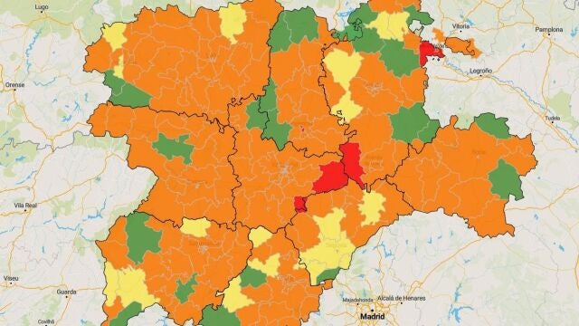 mapa de la situación epidemiológica actual en Castilla y León, con tan solo 27 zonas limpias de covid