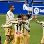 El Espanyol celebra un gol en Oviedo.