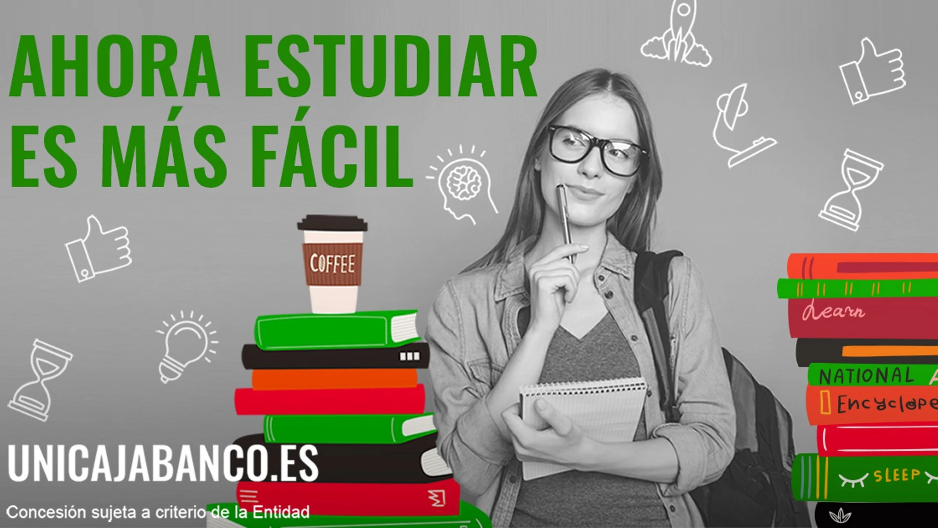 Imagen de la promoción de Unicaja Banco para préstamos destinados al estudio al 0%