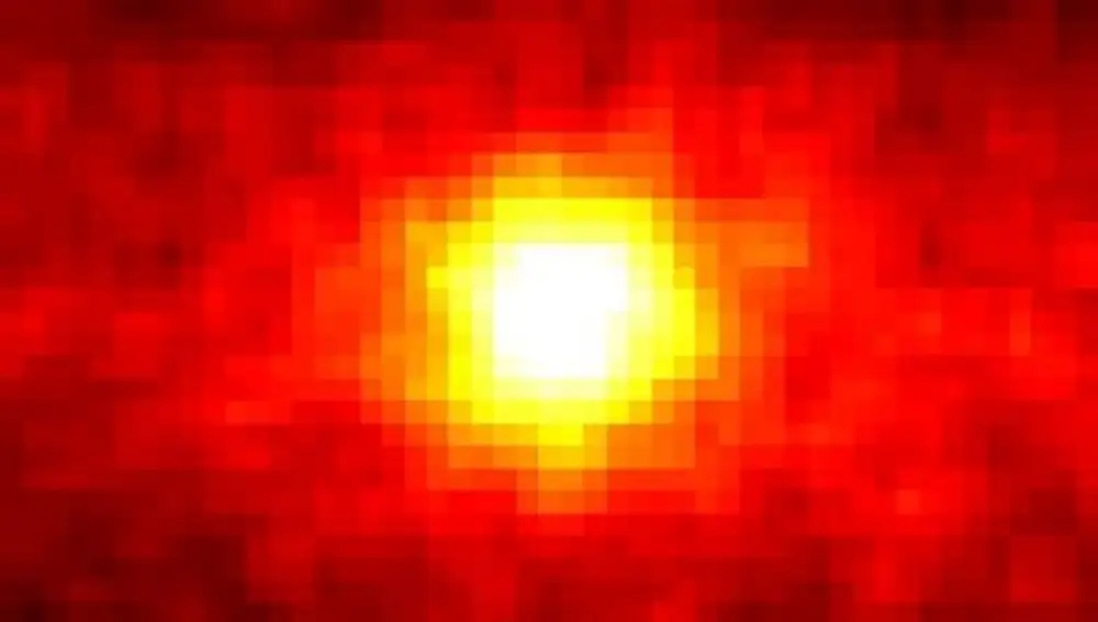 Una imagen del Sol obtenida mediante neutrinos con datos del experimento Super-Kamiokande. Aunque ésta es una imagen histórica su resolución no es muy buena: en ella el Sol aparece 30 veces más grande de lo que lo vemos mediante luz.
