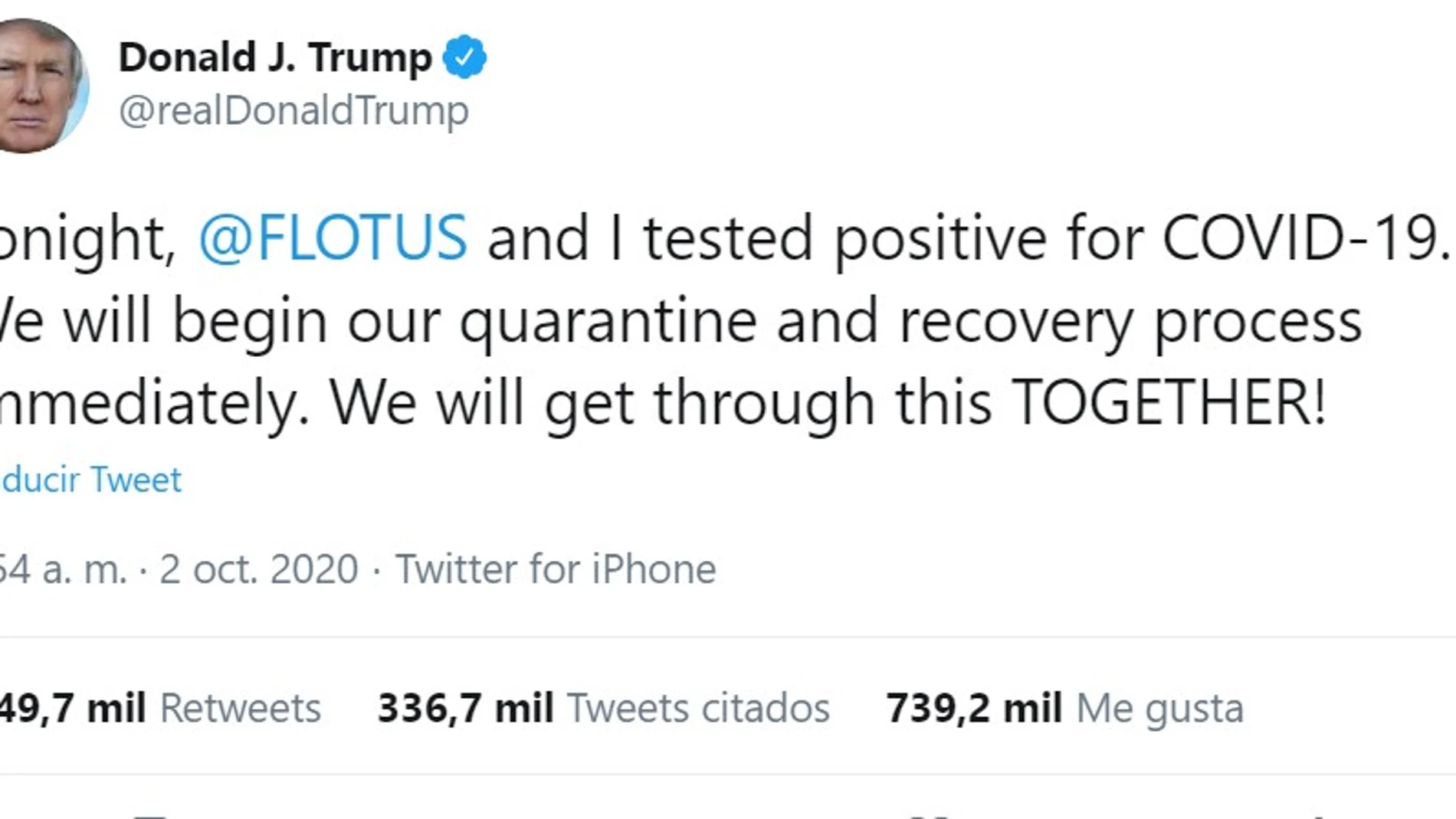 El tweet en el que Trump anuncia que tanto él como su esposa han dado positivo por coronavirus