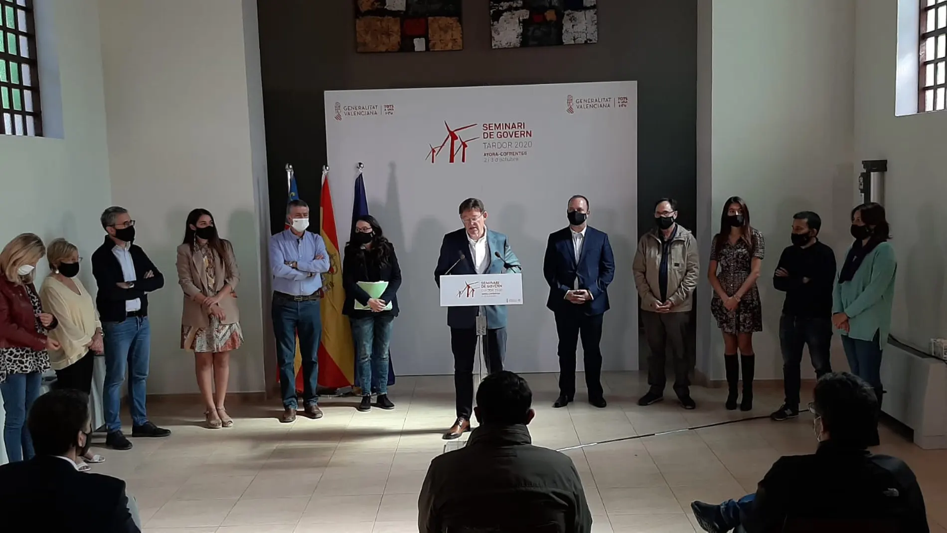 El presidente valenciano, Ximo Puig, junto a todo el Consell durante el "Seminari de Govern Tardor 2020", celebrado este fin de semana en Ayora y Cofrentes