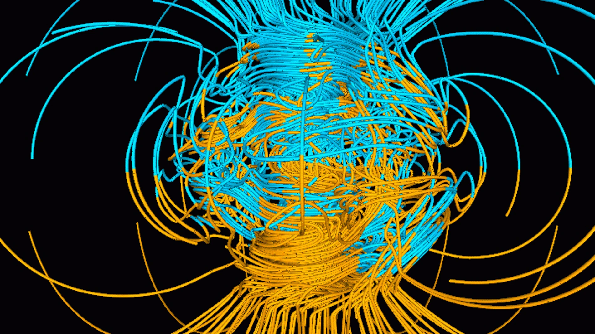 Simulación del campo magnético de la Tierra durante un periodo de reversión de los polos magnéticos.