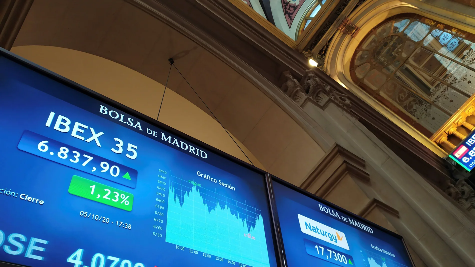 Una pantalla de la Bolsa de Madrid muestra la cotización del IBEX 35 este lunes