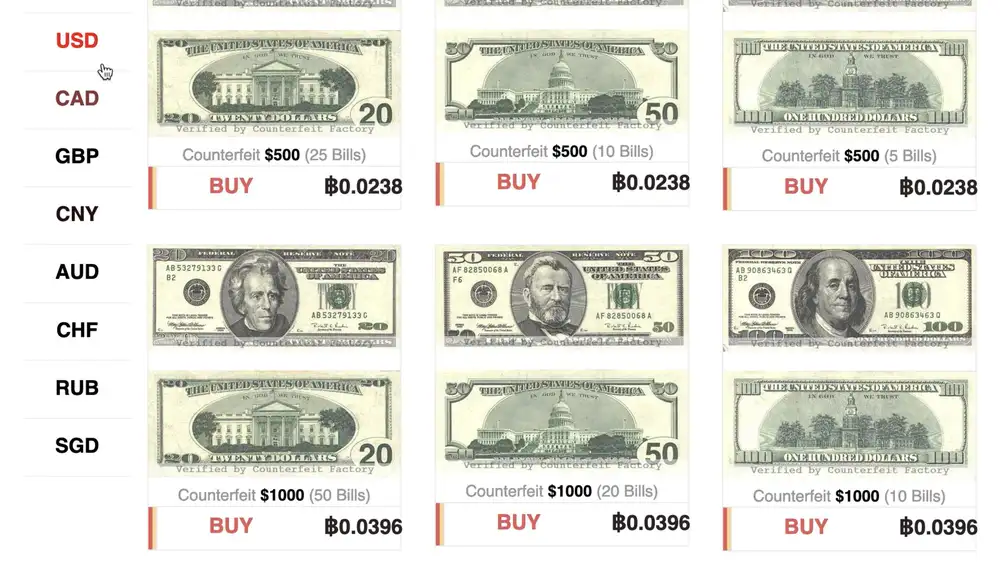 Se ofrecen billetes falsos de todas las monedas del mundo